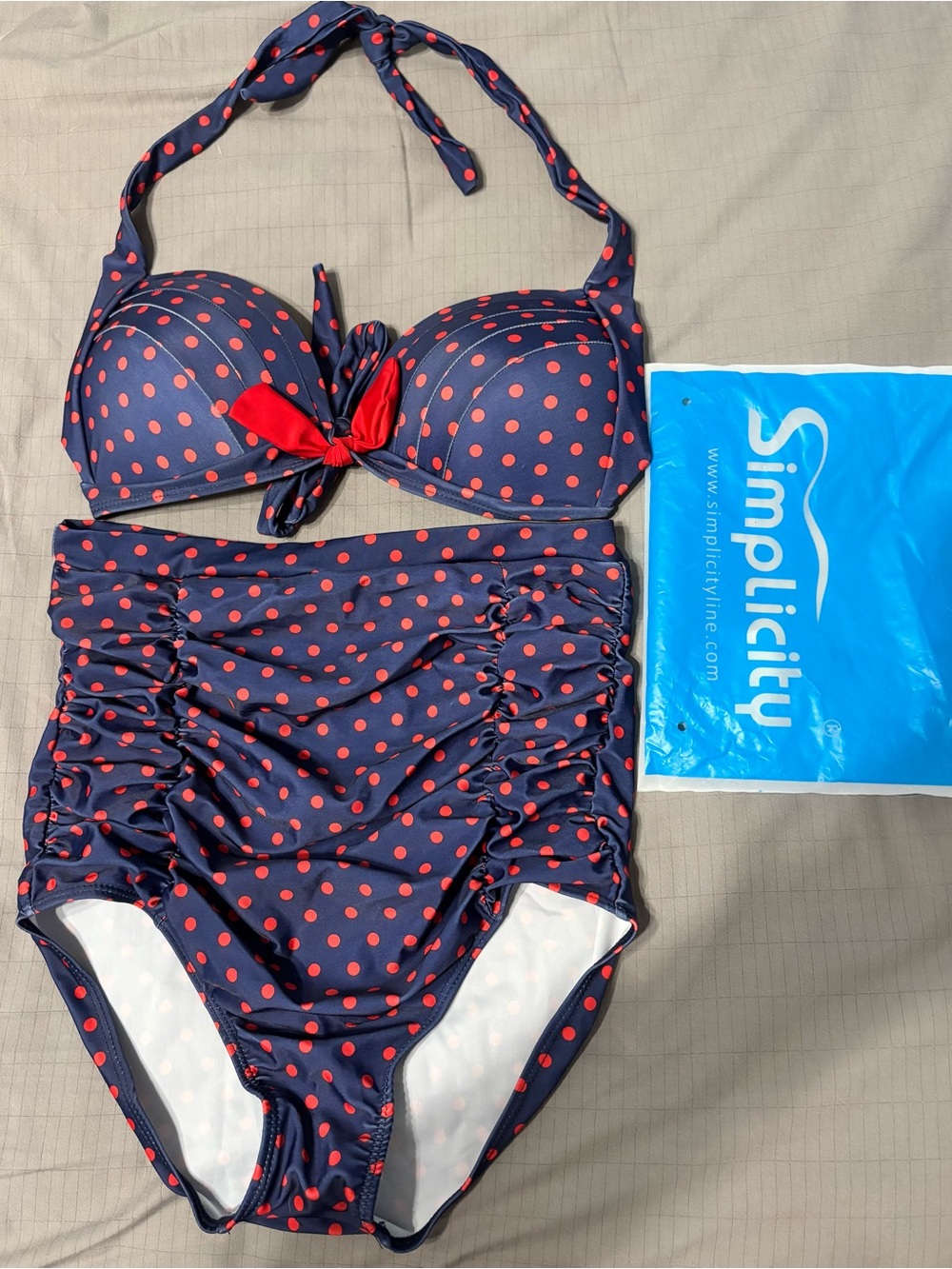NEW retro high waist polka dot bikini size large. Blue with red polka dots.
